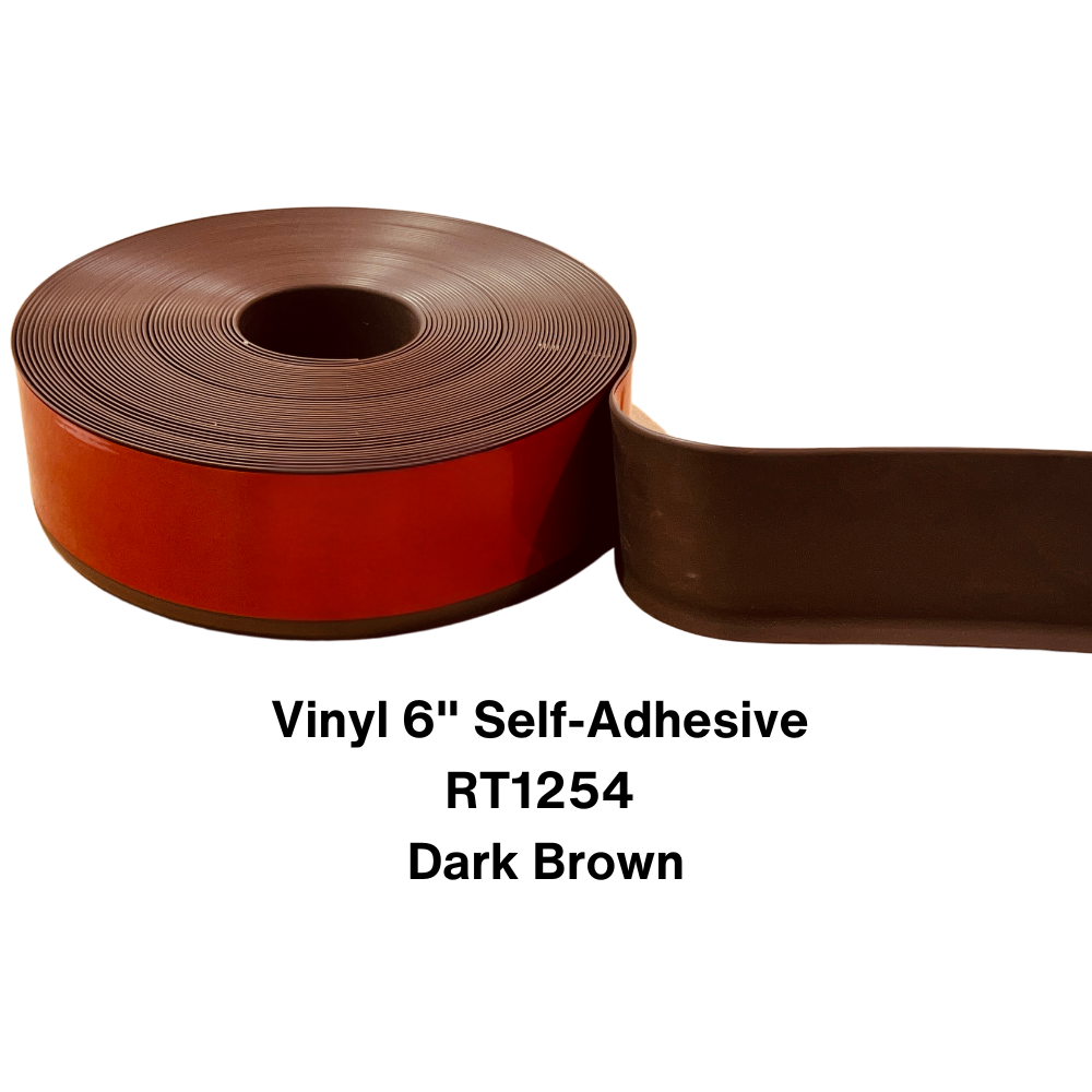 Vinyl Base Self Adhesive 4″ & 6″ options – Sold by Linear Feet – 6" x 1/8" x 100' – Dark Brown