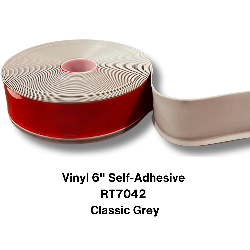 Vinyl Base Self Adhesive 4″ & 6″ options – Sold by Linear Feet – 6" x 1/8" x 100' – Classic Grey