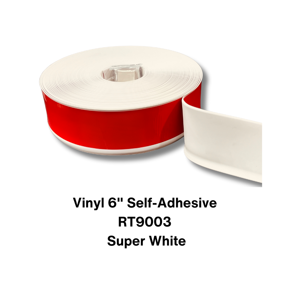Vinyl Base Self Adhesive 4″ & 6″ options – Sold by Linear Feet – 6" x 1/8" x 100' – Super White
